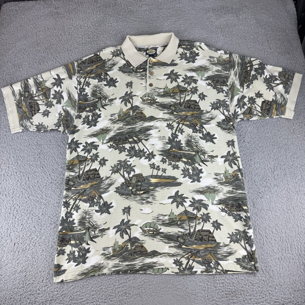 Tommy Bahama Relax Polo Shirt Men's Xl‎ Beige Palm Boat Hawaiian Print